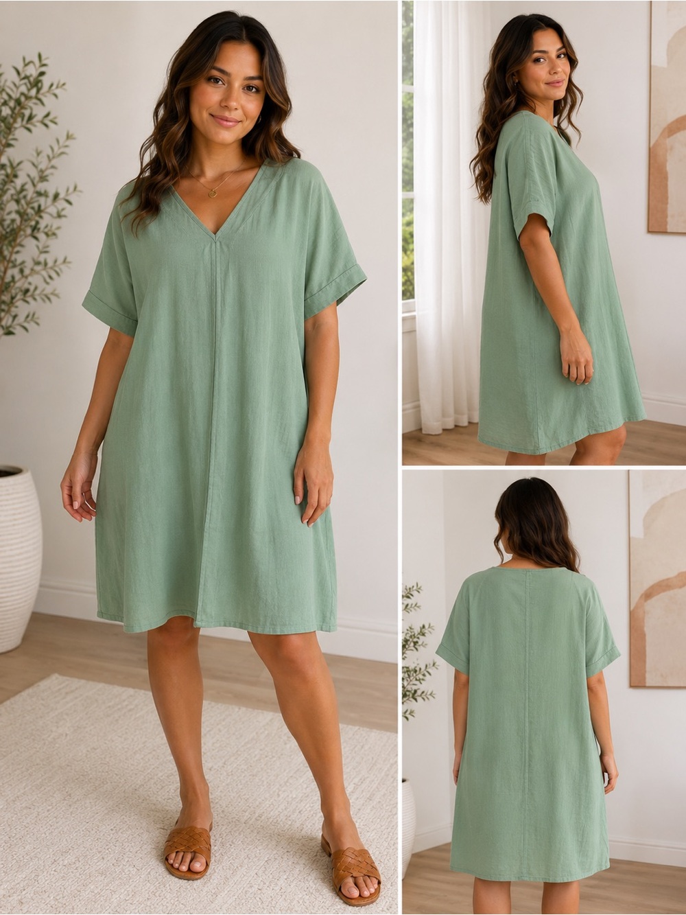 Sage Green Linen Blend Shift Dress – Size Large